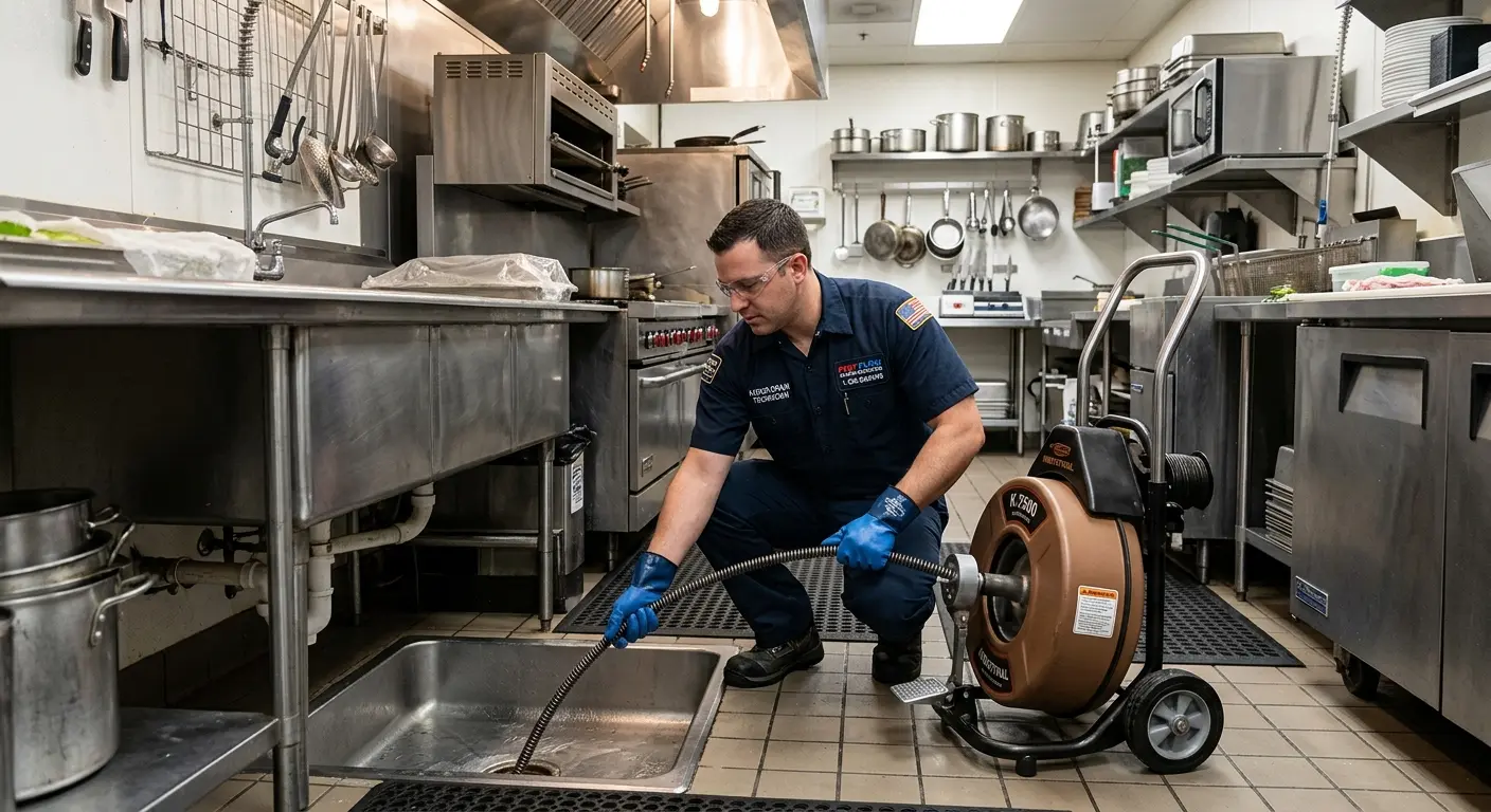 Commercial drain cleaning service in a restaurant kitchen in West Pleasant View