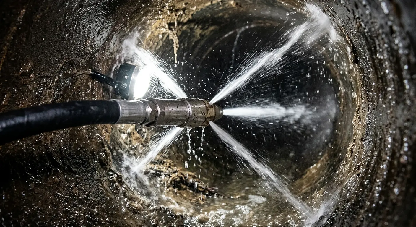 High-pressure hydro jetting nozzle cleaning sewer pipe for Trenchless Sewer Repair in West Pleasant View