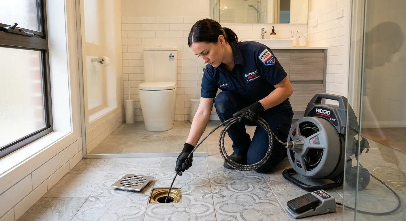 Technician clearing a bathroom floor drain for Drain Cleaning in West Pleasant View